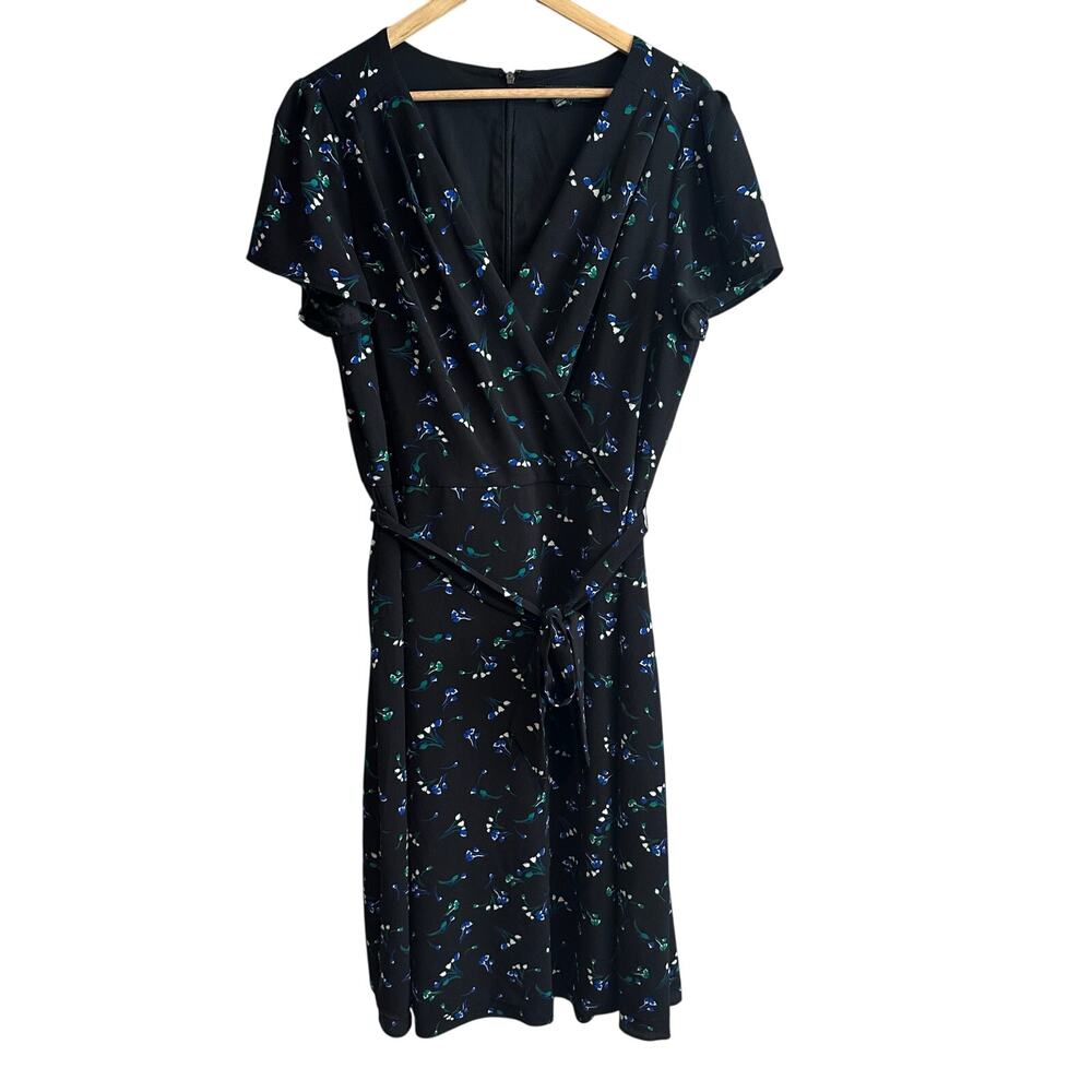 Lauren Ralph Lauren Floral Surplice Faux Wrap Neckline Dress Black 16